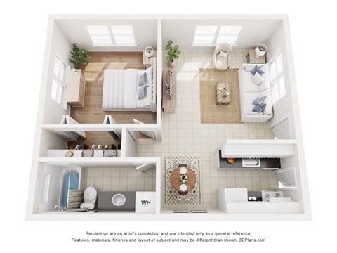 A 3D floor plan of a small apartment with a bedroom, bathroom, and kitchen.